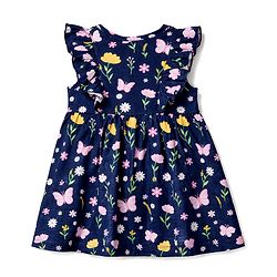 Babyhug 100% Cotton Single Jersey Knit Frill Sleeves One Piece Frock & Headband With Floral Print - Navy Blue