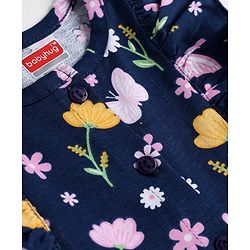 Babyhug 100% Cotton Single Jersey Knit Frill Sleeves One Piece Frock & Headband With Floral Print - Navy Blue