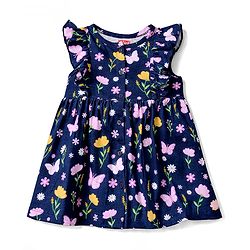Babyhug Single Jersey Knit Frill Sleeves One Piece Frock & Headband With Floral Print - Navy Blue