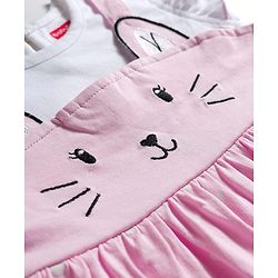 Babyhug Single Jersey Knit Frill Sleeves Heart Printed Frock with Kitty Embroidery - Pink