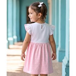 Babyhug Single Jersey Knit Frill Sleeves Heart Printed Frock with Kitty Embroidery - Pink