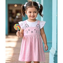 Babyhug Single Jersey Knit Frill Sleeves Heart Printed Frock with Kitty Embroidery - Pink
