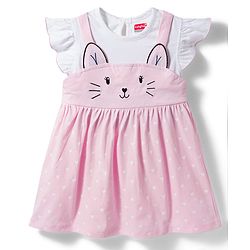 Babyhug Single Jersey Knit Frill Sleeves Heart Printed Frock with Kitty Embroidery - Pink