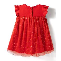 Babyhug Cotton Knit One Piece Dresses Round Neck Ruffle Sleeves Star Embellished Dark Pink 3-6 Months
