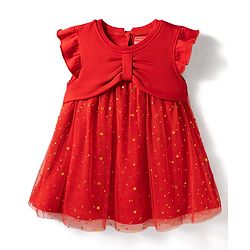 Babyhug Cotton Knit One Piece Dresses Round Neck Ruffle Sleeves Star Embellished Dark Pink 3-6 Months