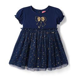 Babyhug Cotton Knit One Piece Dresses Round Neck Short Sleeves With Glitter Bow Navy Blue 6-9 Months
