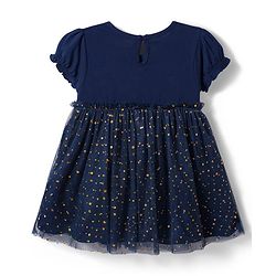 Babyhug Cotton Knit One Piece Dresses Round Neck Short Sleeves With Glitter Bow Navy Blue 6-9 Months