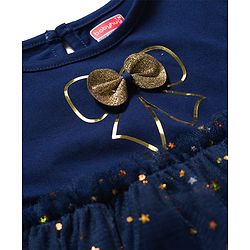 Babyhug Cotton Knit One Piece Dresses Round Neck Short Sleeves With Glitter Bow Navy Blue 6-9 Months