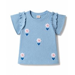 Babyhug 100% Cotton Knit Half Sleeves Floral Embroidered Top - Light Blue