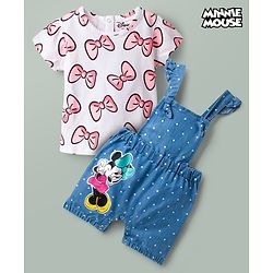 Babyhug Disney Cotton Knit Half Sleeves T-Shirt & Dungaree Set with Minnie Mouse Graphic - Multicolor