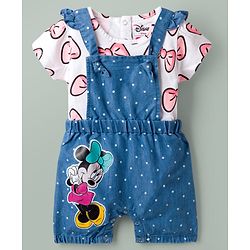 Babyhug Disney Cotton Knit Half Sleeves T-Shirt & Dungaree Set with Minnie Mouse Graphic - Multicolor