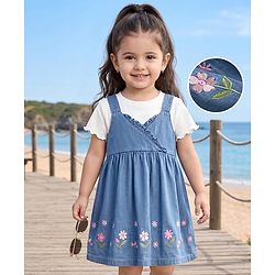 Babyhug Denim 100% Cotton Woven Half Sleeves Floral Embroidered Frock With Inner Tee - Blue