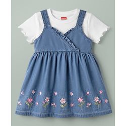Babyhug Denim 100% Cotton Woven Half Sleeves Floral Embroidered Frock With Inner Tee - Blue