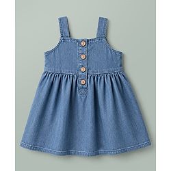 Babyhug Denim 100% Cotton Woven Half Sleeves Floral Embroidered Frock With Inner Tee - Blue