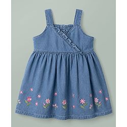 Babyhug Denim 100% Cotton Woven Half Sleeves Floral Embroidered Frock With Inner Tee - Blue