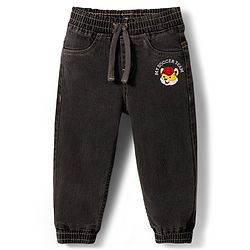 Babyhug Denim Washed Full Length Jeans With Stretch & Lion Print - Charcoal Grey