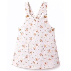 Babyhug Twill Woven Sleeveless Straight Cut Pinafore Frock & Half Sleeves T-Shirt With Floral Print - White