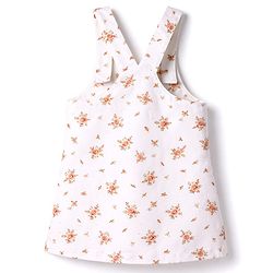 Babyhug Twill Woven Sleeveless Straight Cut Pinafore Frock & Half Sleeves T-Shirt With Floral Print - White