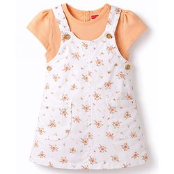 Babyhug Twill Woven Sleeveless Straight Cut Pinafore Frock & Half Sleeves T-Shirt With Floral Print - White