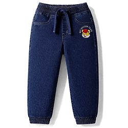 Babyhug Full Length Washed Denim Jeans with Tiger Print & Stretch - Navy Blue