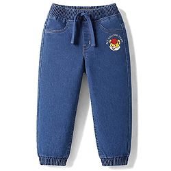 Babyhug Full Length Washed Denim Jeans with Tiger Print & Stretch - Navy Blue