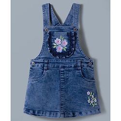 Babyhug Denim Woven Frock with Striped Inner Tee & Floral Embroidered - Blue