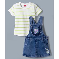 Babyhug Denim Woven Frock with Striped Inner Tee & Floral Embroidered - Blue