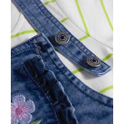 Babyhug Denim Woven Frock with Striped Inner Tee & Floral Embroidered - Blue