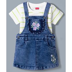 Babyhug Denim Woven Frock with Striped Inner Tee & Floral Embroidered - Blue