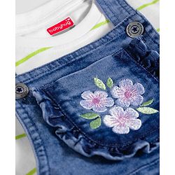 Babyhug Denim Woven Frock with Striped Inner Tee & Floral Embroidered - Blue