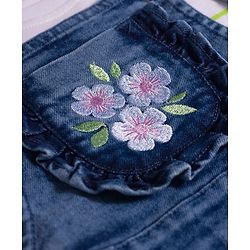 Babyhug Denim Woven Frock with Striped Inner Tee & Floral Embroidered - Blue