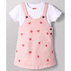 Babyhug Twill Woven Frocks with Inner Tee Strawberry Embroidered Pink 12-18 Months