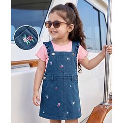 Babyhug Denim Woven Half Sleeves Floral Embroidered Frock With Inner Tee - Navy Blue & Pink