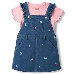Babyhug Denim Woven Half Sleeves Floral Embroidered Frock With Inner Tee - Navy Blue & Pink