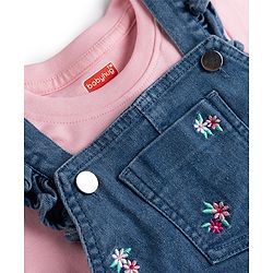 Babyhug Denim Woven Half Sleeves Floral Embroidered Frock With Inner Tee - Navy Blue & Pink