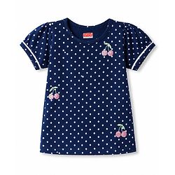 Babyhug Cotton Knit Half Sleeves T-Shirt With Polka Dots Print & Cherry Sequin Detailing - Navy Blue