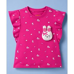 Babyhug Knit Half Sleeves Floral Printed T-Shirt With Bunny Applique - Dark Pink