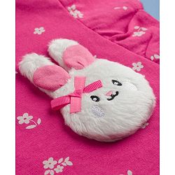 Babyhug Knit Half Sleeves Floral Printed T-Shirt With Bunny Applique - Dark Pink