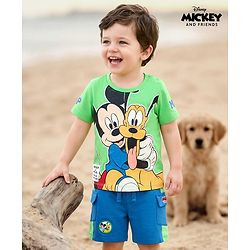 Babyhug Disney Single Jersey Knit Half Sleeves T-Shirt & Shorts Set with Mickey Mouse Graphic - Multicolor