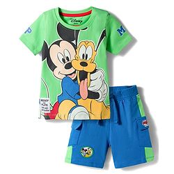 Babyhug Disney Single Jersey Knit Half Sleeves T-Shirt & Shorts Set with Mickey Mouse Graphic - Multicolor