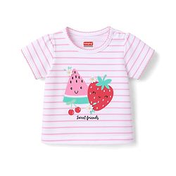 Babyhug Cotton Knit Half Sleeves Striped T-Shirt With Floral Applique & Fruit Print - Multicolor