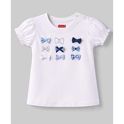 Babyhug Cotton Knit Half Puffed Sleeves T-Shirt with Bow Applique - White