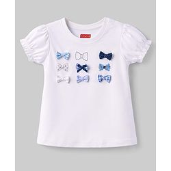 Babyhug Cotton Knit Half Puffed Sleeves T-Shirt with Bow Applique - White