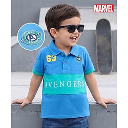 Babyhug Marvel Cotton Knit Half Sleeves Polo T-Shirt with Avengers Graphic -  Blue