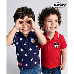 Babyhug Disney 100% Cotton Knit Half Sleeves Polo T-Shirts With Mickey Mouse & Friends Graphic Pack Of 2 - Red & Navy Blue