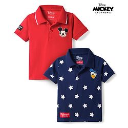 Babyhug Disney 100% Cotton Knit Half Sleeves Polo T-Shirts With Mickey Mouse & Friends Graphic Pack Of 2 - Red & Navy Blue