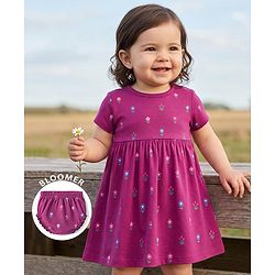 Babyhug 100% Cotton Interlock Knit Half Sleeves Floral Printed Frock With Bloomer - Purple