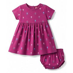 Babyhug 100% Cotton Interlock Knit Half Sleeves Floral Printed Frock With Bloomer - Purple