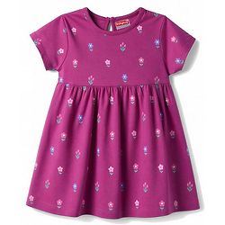 Babyhug 100% Cotton Interlock Knit Half Sleeves Floral Printed Frock With Bloomer - Purple