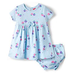 Babyhug Cotton Knit Frocks with Bloomer/Short Half Sleeves Round Neck All Over Prints Blue 0-0 Months